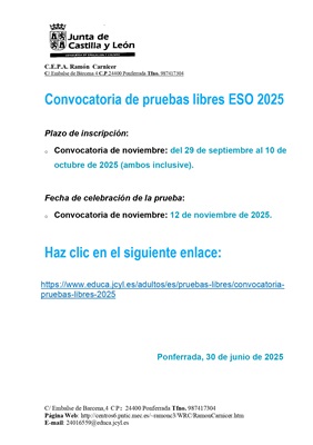 Convocatoria de pruebas libres ESO noviembre 2025