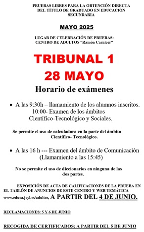Convocatoria de pruebas libres MAYO 2025