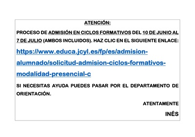 Solicitud de Admisión a Ciclos Formativos Modalidad Presencial y Cursos de Especialización